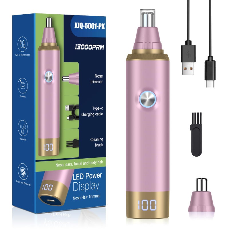 Rechargeable USB Nose & Ear Trimmer, Facial Hair Remover, Easy to Clean, Dual Edge Blades, IPX7 Waterproof Pink